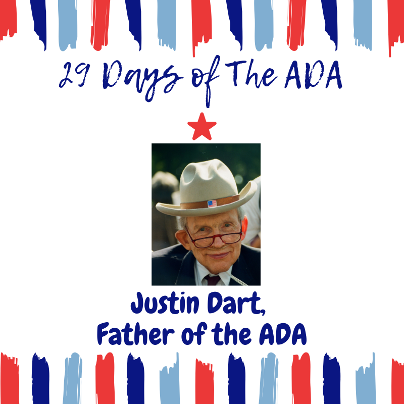 WaltonOptions's tweet photo. Day 9: Justin Dart is considered the Father of the ADA because of his tireless work for disability rights and the ADA. A wheelchair user & activist, often spotted wearing a cowboy hat & boots, Dart helped draft the legislation that would be signed into law. #ADA29 #29DaysofADA https://t.co/fHbktsqltz