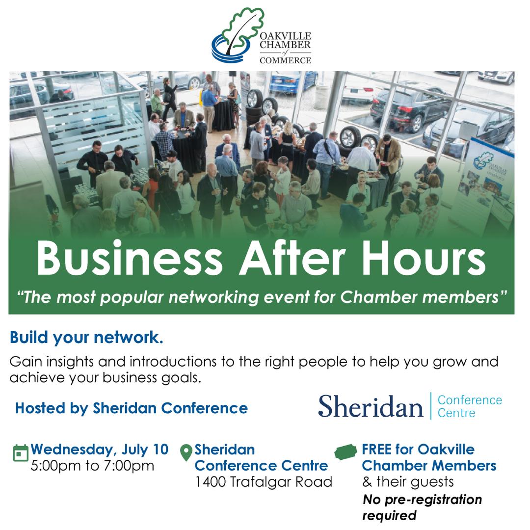 . @SheridanEvents is hosting our popular networking event #BusinessAfterHours tomorrow! Complimentary for Oakville Chamber members and their guests! bit.ly/2IS105N