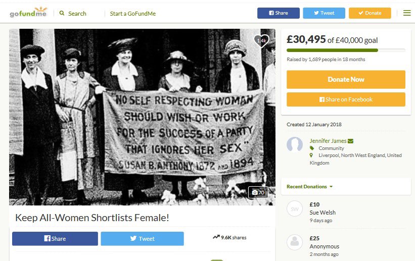 Jennifer James was the first of the anti-transgender ‘super-fundraisers’ - raising a massive £30,495 to take  @UKLabour to court for allowing trans women on their ‘All Women Shortlists’Donations via GoFundMe are untraceable, and easily open to abuse by foreign powers.