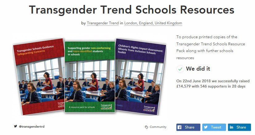The one-woman anti-trans-kids lobbying platform “Transgender Trend” has become an expert at eliciting money from unknown sources to fund campaigns trying to remove support of trans kids in schools.Her widely criticised “Schools Resources Pack” raised £14,579