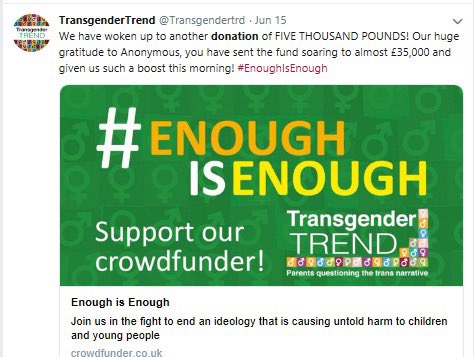Not only has “Transgender Trend” received over £66k from numerous unnamed sources, there were several sizeable anonymous donations - £35,700 from only FOUR donors alone!There’s clearly some people who REALLY want to see support for trans kids rolled back?! 