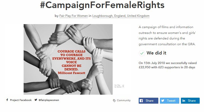 Since the close of submissions for the @WomenEqualities GRA consultation, lobby group FairPlay For Women have received an extra £22,950, supposedly for “female rights”!Where’s the money coming from? Where’s it going?Because it definitely isn’t being spent on feminist causes!