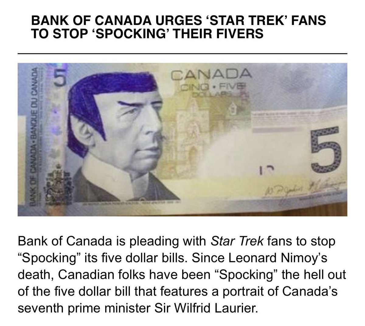 gr3tchen's tweet photo. I don’t know which is funnier: that Canadians are #SpockingFives or that the Bank of Canada is “pleading” with them to stop.  #ohcanada https://t.co/JtOcFLUEP2