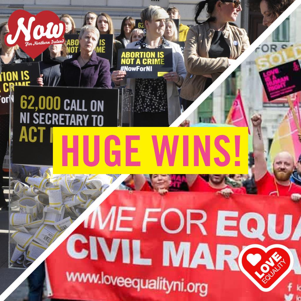 Two massive wins in one day for #NorthernIreland! 🎉 MPs have voted for equal marriage rights for #LGBTI couples AND #AbortionReform for women &amp; girls ❤ Thanks to all those who fought alongside us to get this far. ✊ Share the good news! #NowForNI #LoveEquality