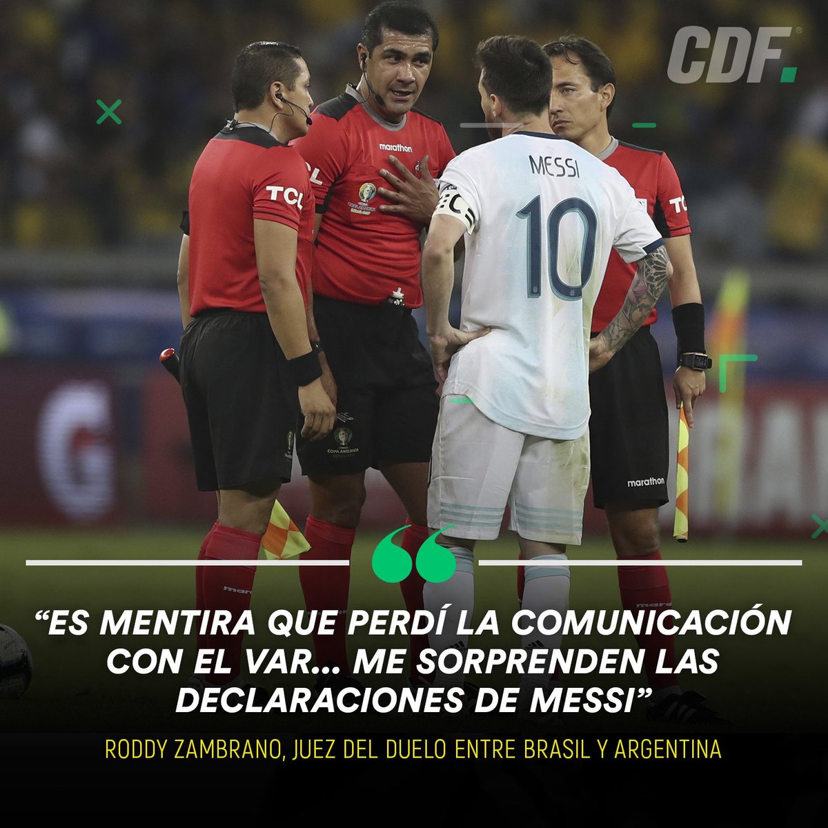 TNTSportsCL's tweet photo. El ecuatoriano Roddy Zambrano, juez de la semifinal entre @CBF_Futebol y @Argentina, habló este martes en su país y desmintió un supuesto fallo del VAR. Además, se refirió a los dichos del astro del Barcelona sobre la "corrupción" en el fútbol sudamericano.
#CopaAmericaCDF https://t.co/lc8d2vXX60