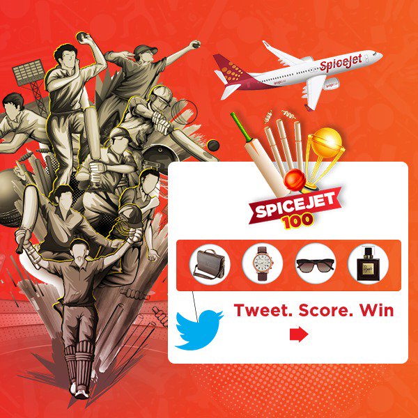 flyspicejet's tweet photo. Cricket mania is reaching fever pitch, and so is the #100SpiceJet mania! Log on to https://t.co/5yjkfMgzJW to enter the #100spicejet contest and win exciting gift vouchers from SpiceStyle. Sign up, share the contest posts to your Twitter to participate and score big! https://t.co/jk8BloGxBd