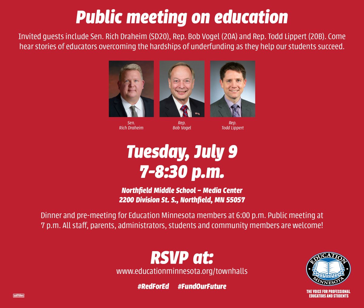 EducationMN's tweet photo. TONIGHT: Our public meetings on education continue in Northfield https://t.co/aQnrzao7dM #mnleg #fundourfuture #redfored https://t.co/dG0f8u2ISg
