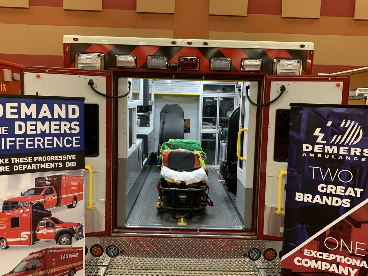 DemersAmbulance's tweet photo. We are busy setting up for the 2019 AFCA/AFDA Fire &amp; EMS Leadership Conference &amp; Expo. Come by and see this beautiful MXP150 from Fort Mojave Mesa Fire District and our amazing dealer partner RedSky Fire Trucks! #DemersAmbulances #TeamDemers #AFCA #AFDA #RedSkyFire https://t.co/cqQw9od3LS