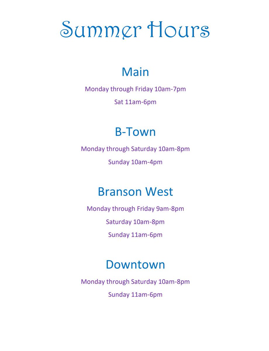 YourSunshineCo's tweet photo. Our summer hours are here! Stop into one of our four locations to say hi!
#ysc #cbdlife #naturalwellness #cbdflower #cbdoil #cbdconcentrate #cbdsalve #cbdedibles #cbdbathbombs #essentialoils #apparel #gifts #cbdvape #puffsmart #btownvapory #cbdbranson https://t.co/Ro9mst0eSd