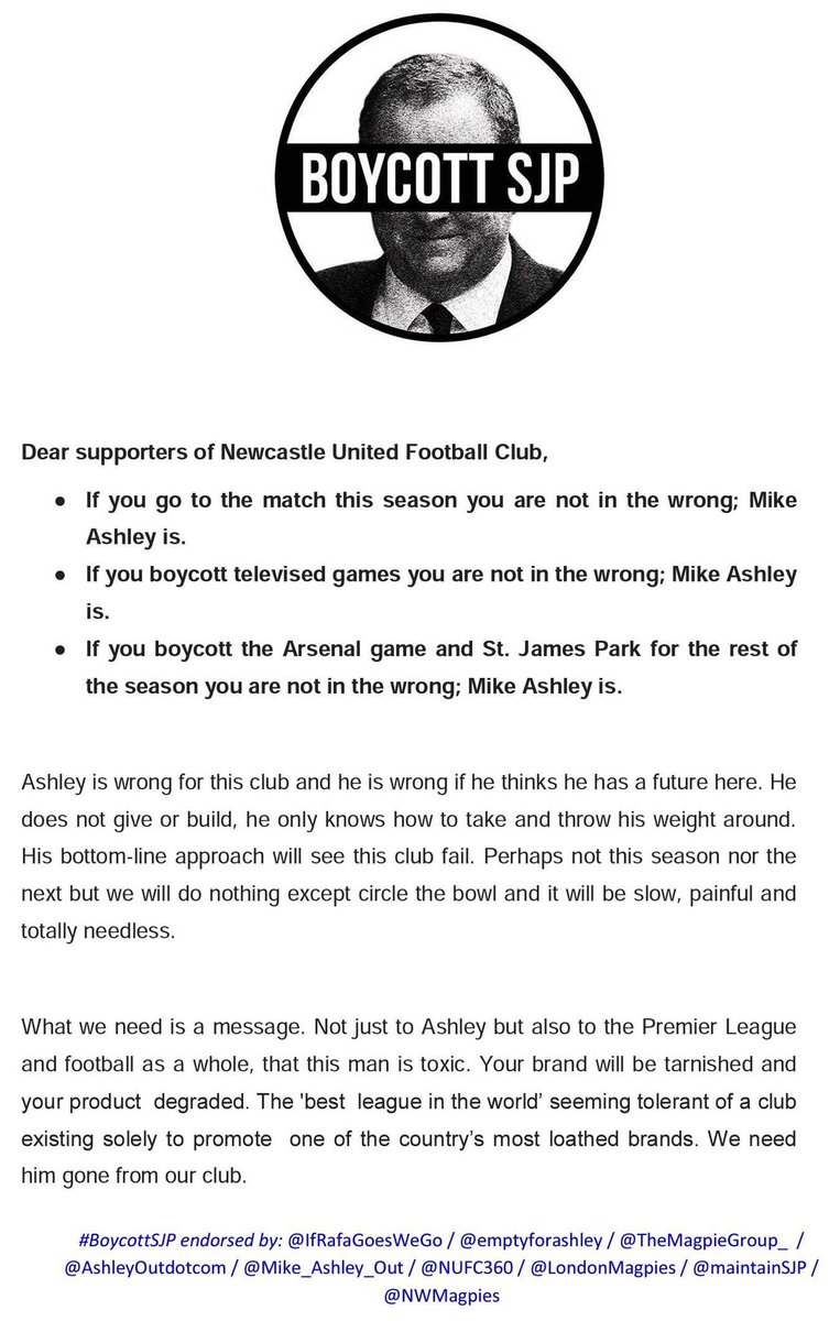 IfRafaGoesWeGo's tweet photo. #NUFC fans groups collective statement. 

Join us.

#BoycottArsenal #BoycottSJP #SupportOurToon #AshleyOut https://t.co/HaP0o1KLhP