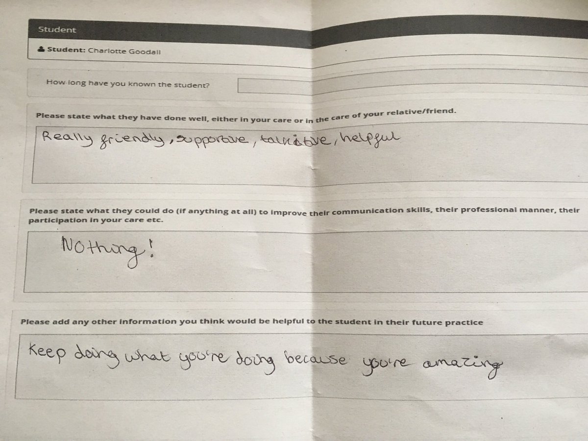 CharGoodallRMN's tweet photo. Starting to prepare for sign off and gathering feedback as we near midpoint of final placement. So pleased to receive this from one of the young people today 🥰 #StudentNurse #camhs #serviceuserfeedback https://t.co/uRIlkmAGZ5