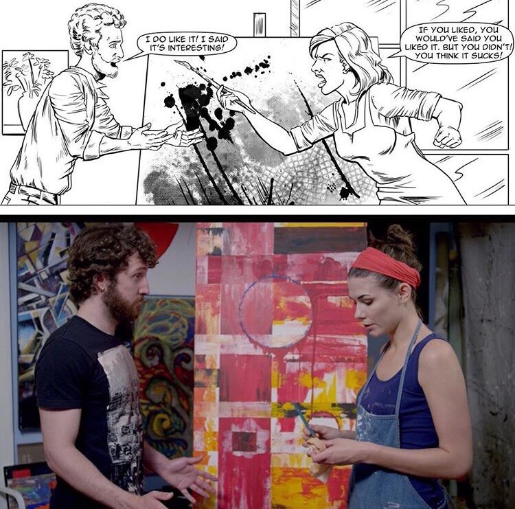 PplWithIssues's tweet image. #transformationtuesday From comic book concept art to the finished film that you can now stream on @amazonprimevideo #peoplewithisshes #supportindiefilm #romcom #romanticcomedy #relationshipdrama #comicart #comicbook #illustration #cinematography #shotonred