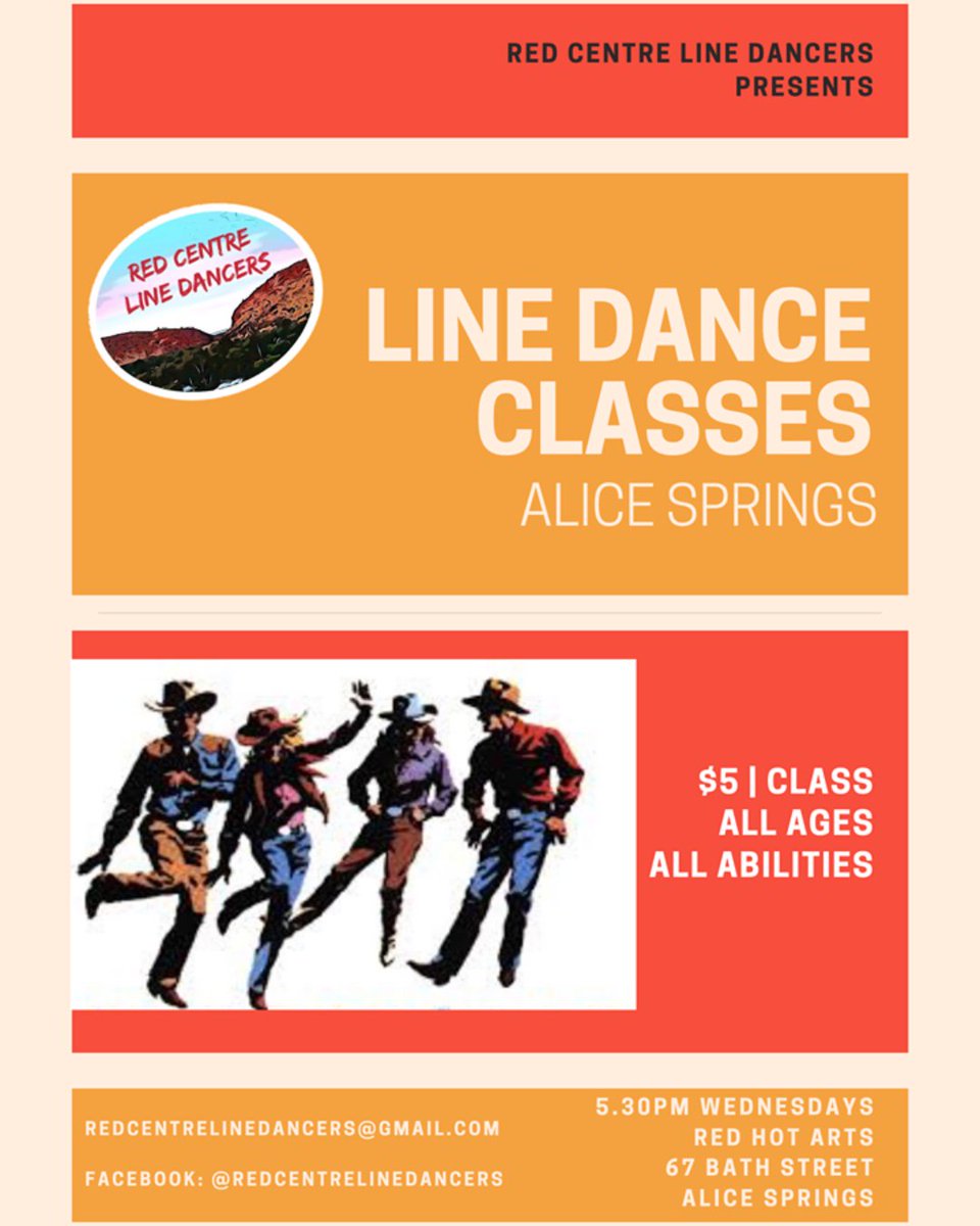 redHOTarts's tweet photo. Dust off yer hat and yer boots (or your comfy joggers 😜) because Red Centre Line Dancers present line dance classes every Wednesday at 5.30pm here at Red Hot Arts, 67 Bath St. #redhotarts #linedancing #alicesprings #mparntwe #redcentre #dontwalkthelinedanceit #linemeupscotty https://t.co/4EKgQAsV73
