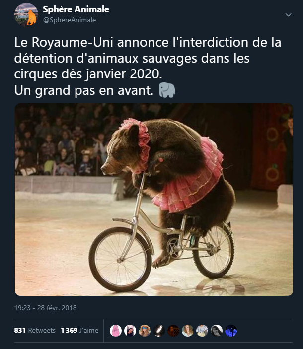 Les pays interdisant les cirques avec animaux (sauvages) sont de plus en plus nombreux, en Europe et dans le monde.

A quand une action similaire en France ? <a href="/EmmanuelMacron/">Emmanuel Macron</a> <a href="/FdeRugy/">François de Rugy</a>
