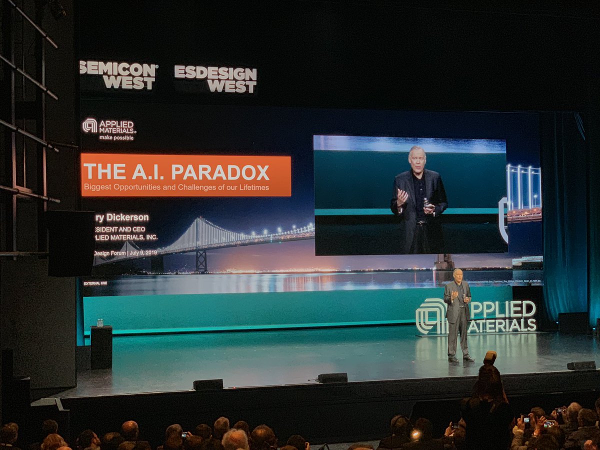 z5todd's tweet photo. Great session at #SEMICONWest on opportunities for #Semiconductor industry with #AI. @Applied4Tech CEO Gary Dickerson presents at #AIDesignForum. 20 billion connected devices in 2019 will grow to 500B by 2030 with huge increases in data and associated energy demand. @SEMIconex https://t.co/nARM93tTYJ