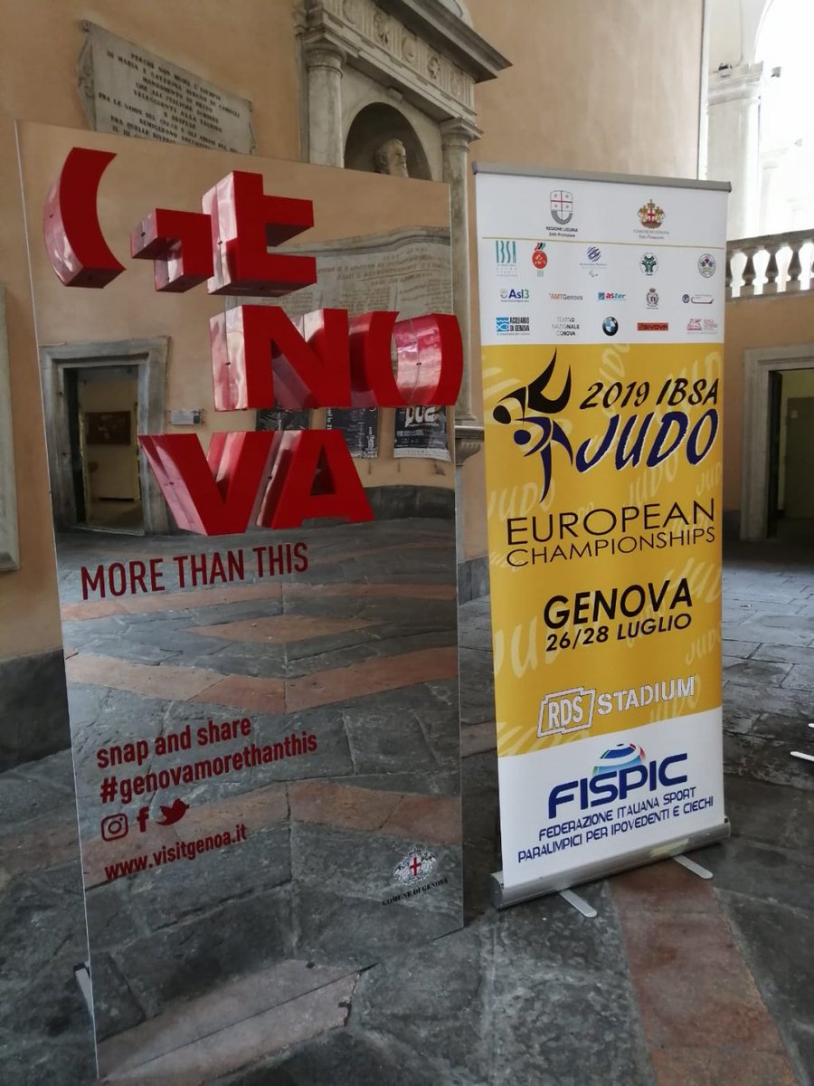 2019Ibsa's tweet photo. Here we are with our advertising rollers in the Municipality of Genoa. IBSA Judo 2019 is coming. The judo European championship for visually impaired and blind people. You are all invited to our Press Conference at 11 o'clock on 17 July at Palazzo Tursi, Genoa. Stay updated by… https://t.co/qzhec2k2m6