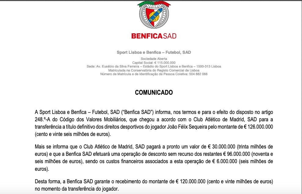 O Xrhsths Filippo Ricci Sto Twitter Y Otra Cosa Sobre Joao Felix En El Comunicado De Venta Del Benfica El Club Luso Dice Que Encaja Ahora 1 Millones Y Que El Atletico
