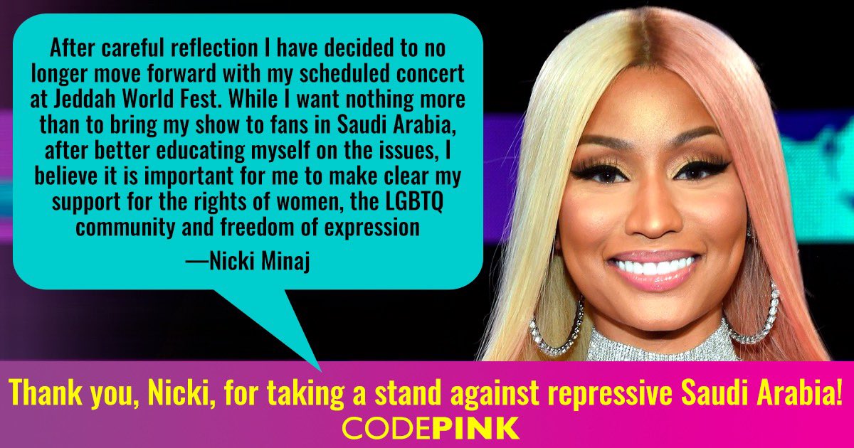 ICYMI: <a href="/NICKIMINAJ/">Nicki Minaj</a> has cancelled her scheduled performance in Saudi Arabia.

Great news! #BoycottSaudi