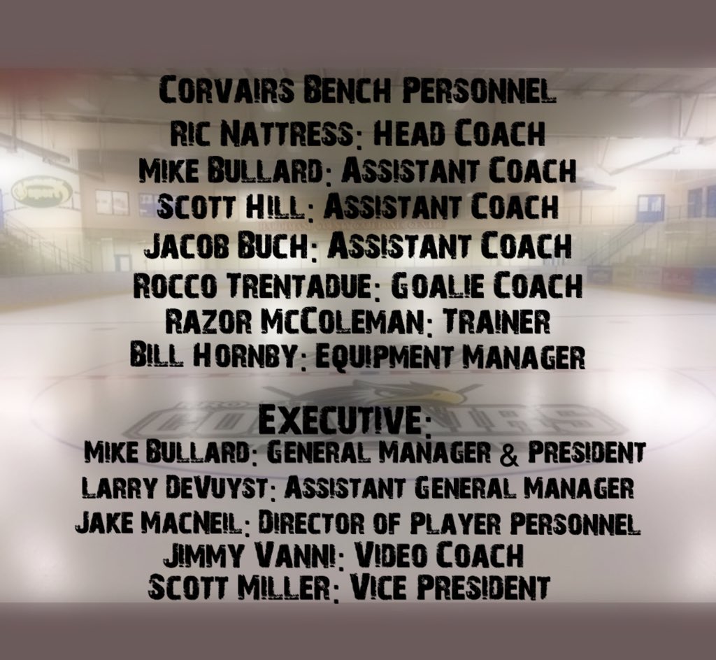 ProFitCorvairs's tweet photo. 🚨ICYMI: We have announced our 2019/20 Bench Staff, Executives and Support Staff! We are confident with the individuals apart of our organization to help all our players reach their full potential in both hockey and life! #ComebackSeason https://t.co/2mqRzmoyrF
