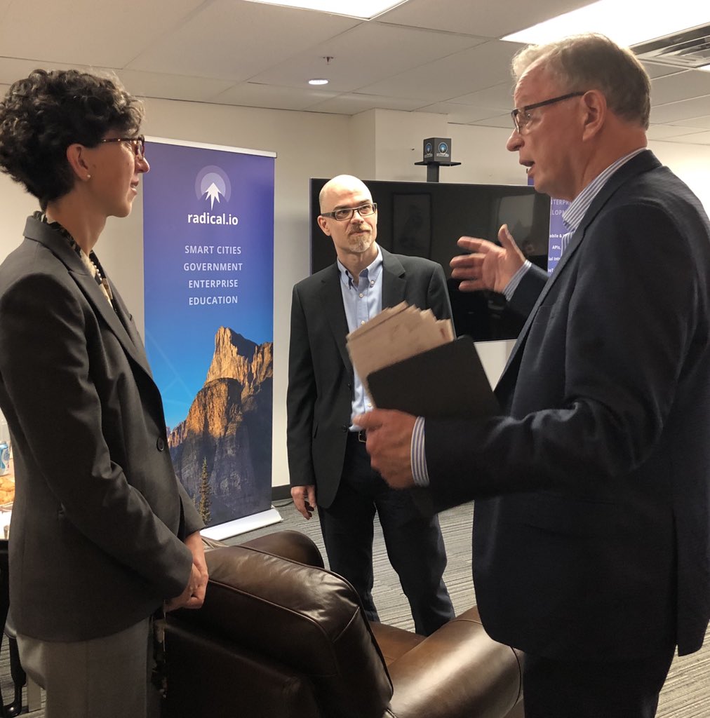 radicalio's tweet photo. "Privacy is something we care about, and we see it as part of our mandate to push for better data protection laws." - @c_wiedemann Great conversation with Minister @BruceRalston about #AI #ethics #privacy #opendata #security https://t.co/YcbzejVAmd