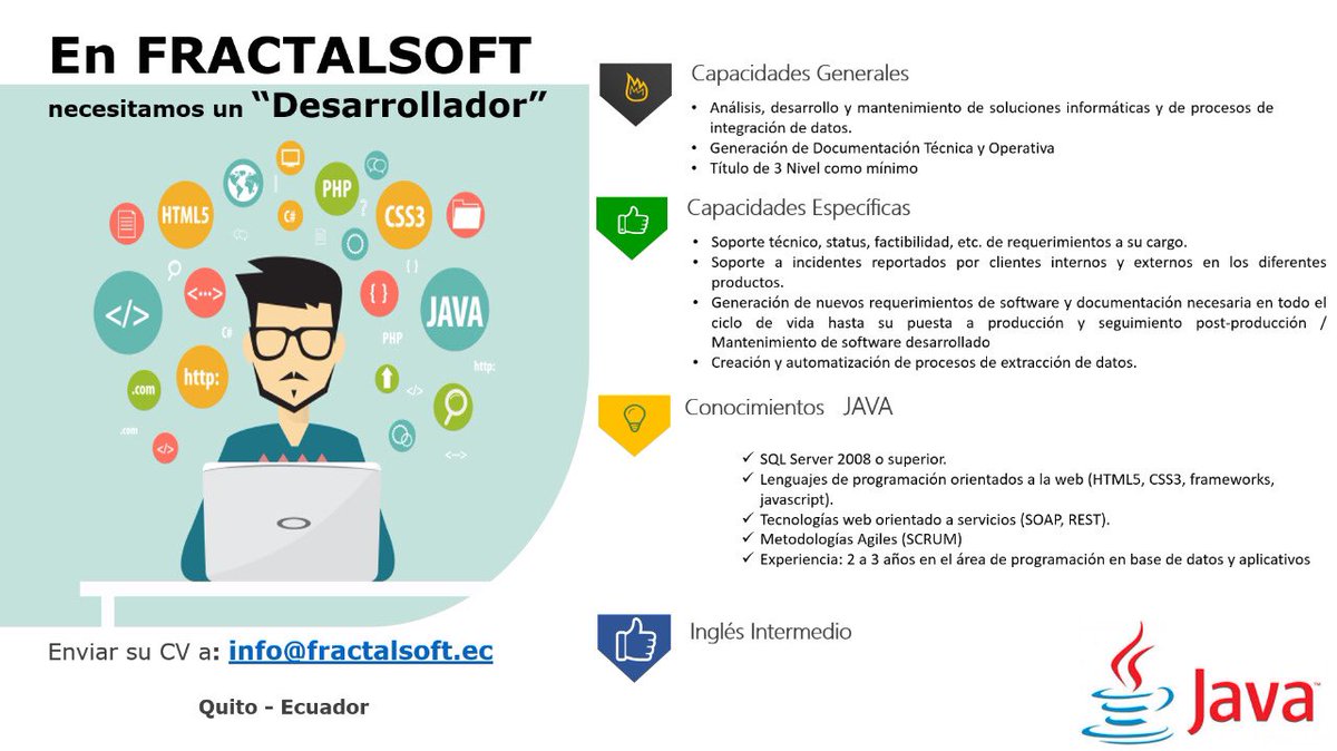 FractalsoftEc's tweet photo. Una vez más Fractalsoft generando empleo...Estamos buscando perfiles con conocimiento en .NET / JAVA / SQL.
Si entendiste las iniciales envía tu CV a: seleccion@fractalsoft.ec 
¡Queremos que seas parte de nuestra empresa!!!!
@lacentralec @upsalesiana @EspochRio @UTecnicaAmbato https://t.co/j6AINCZZ7j