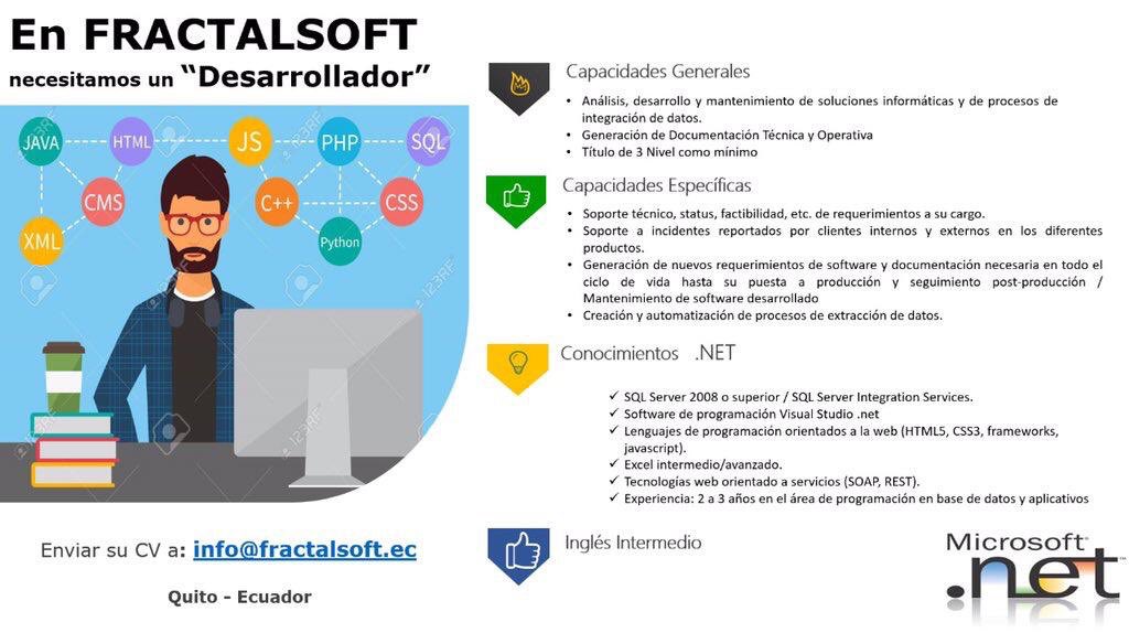 FractalsoftEc's tweet photo. Una vez más Fractalsoft generando empleo...Estamos buscando perfiles con conocimiento en .NET / JAVA / SQL.
Si entendiste las iniciales envía tu CV a: seleccion@fractalsoft.ec 
¡Queremos que seas parte de nuestra empresa!!!!
@lacentralec @upsalesiana @EspochRio @UTecnicaAmbato https://t.co/j6AINCZZ7j
