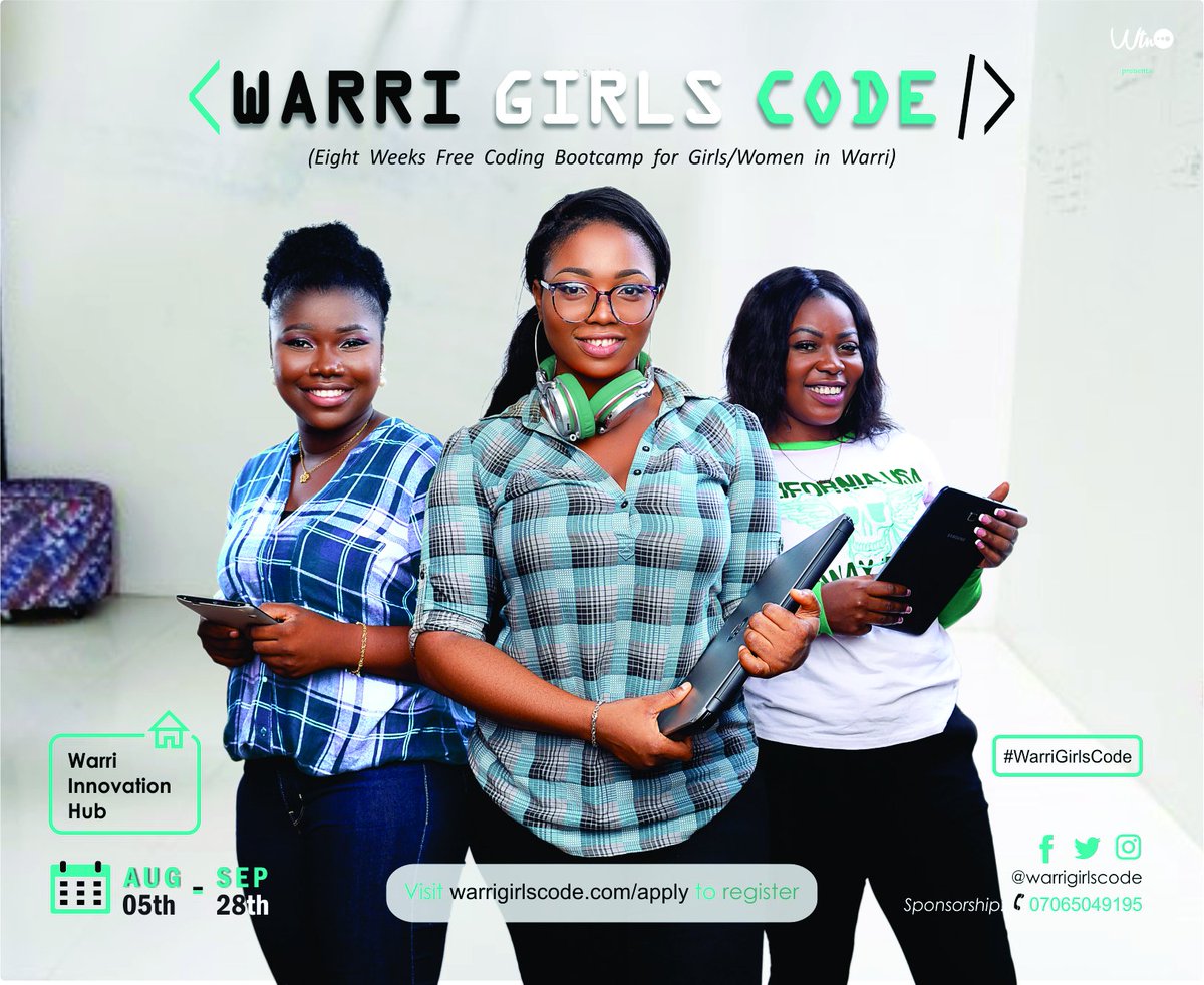 warrigirlscode's tweet photo. Hurray! #WarriGirlsCode is back and better. 💃 The 8 weeks free coding training for girls/women in #Warri will run from August 5th through September 28th 2019 at the #WarriInnovationHub. 
Visit https://t.co/JNPZyOUNH9 to apply.
For sponsorship and inquiries call +2347065049195
🔥 https://t.co/ToCbUmpBhO