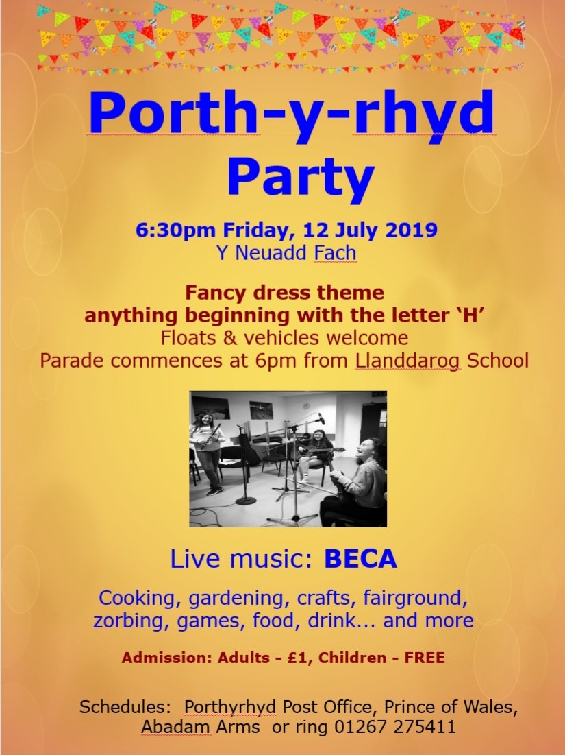 Ar ddiwedd wythnos hirfaith o waith, dewch nos Wener i Borth-y-rhyd am barêd hafaidd ym mharti Porth-y-rhyd a byddwn ni yn chwarae yno, yn fyw!🌠 Manylion ar y poster oddi tano.