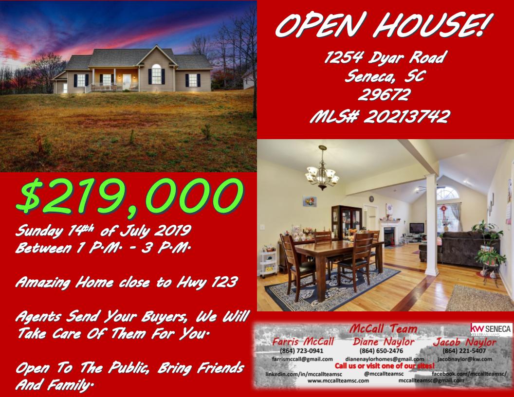 mccallteamsc's tweet photo. The McCall Team is hosting an Open House at 1254 Dyar Road 14th July. All are welcome, bring you friends, family, and clients!

#mccallteamsc #kellerwilliams #openhouse #realtor  #realestate https://t.co/2q9EcedNee