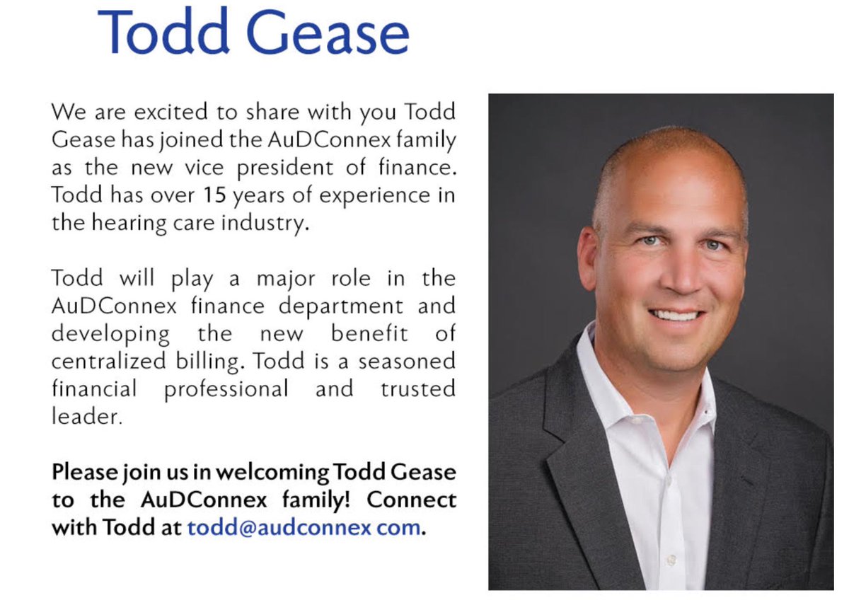 WOW! Welcome Todd Gease - New Vice President of Finance. We are excited to have you join the family, Todd! #Audconnexunite #audconnex3X