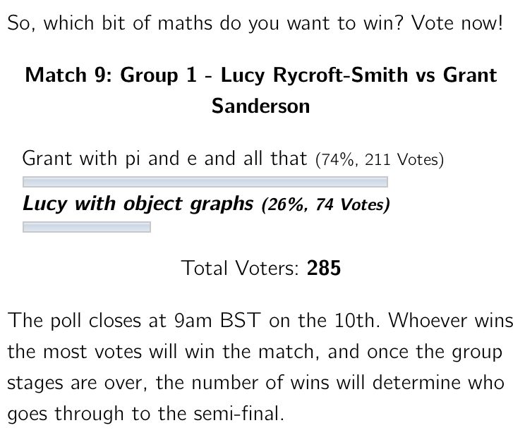 honeypisquared's tweet image. This was the situation at a quarter past 4 this afternoon.
Could this be the comeback of the century? Surely it's not possible..

aperiodical.com/2019/07/the-bi…

#bigmathoff