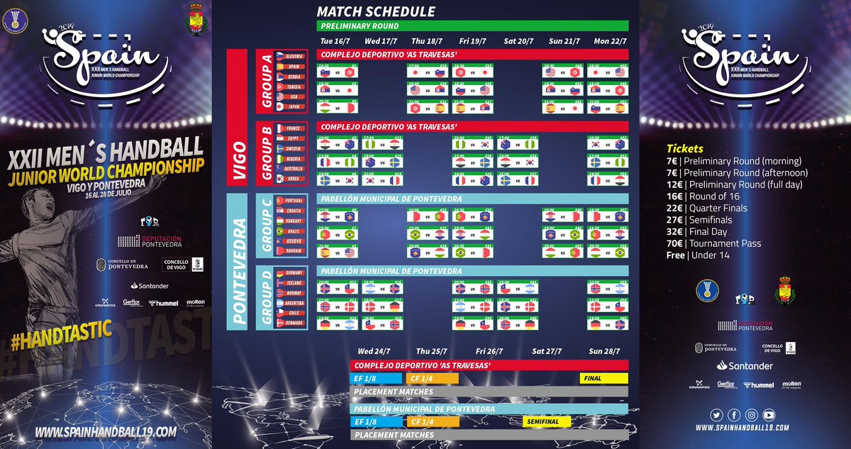 Programa de partidos del Mundial Junior España 2019, que se va a jugar en Pontevedra y Vigo.
Ya solo queda una semana!
Información y venta de entradas en spainhandball19.com
