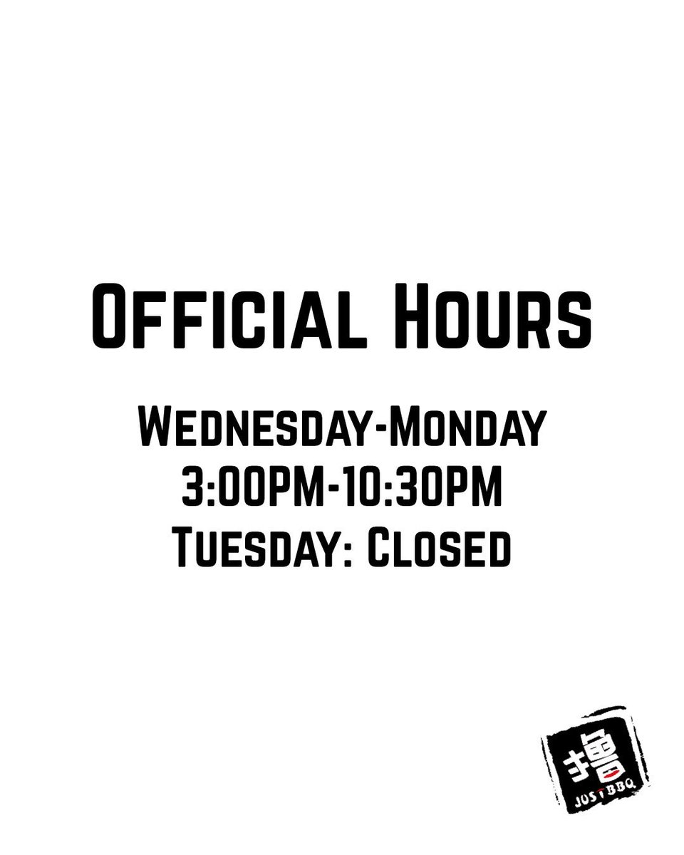 justbbqyyc's tweet photo. Here’s our official store hours!! ⁣
⁣
We’re opening earlier for Happy Hour!⁣
25% off on all Just Deep Fried and ⁣
$5 Draft Beers ⁣
From 3pm-5pm Weekdays (Closed Tuesday’s) ⁣
⁣
#bbq #justbbq #justbbqyyc #latenight #calgary #yyc #taiwanesebbq #happyhour #draftbeer https://t.co/sc1SlH15vu