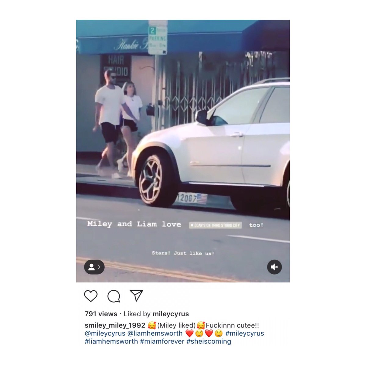 🌐 | Miley liked this video of her and Liam out in Studio City posted by smiley_miley_1992 on Instagram 👫🌇