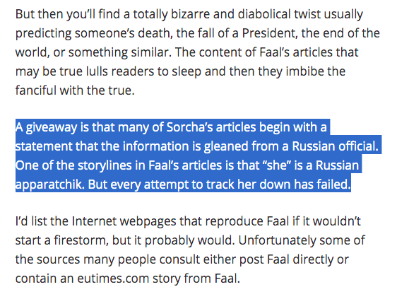 N0rth0ftheW4ll's tweet photo. Turns out “Sorcha Faal, Russian academic” who published the Russian AI / Robot story I received on whatdoesitmean[.]com doesn't exist. He/she also publishes at eutimes[.]com and has claimed to be Russian apparatchik.  #sethrich #dsinfo #infosec https://t.co/T7PXbmQImQ https://t.co/QKeH7CDXRN