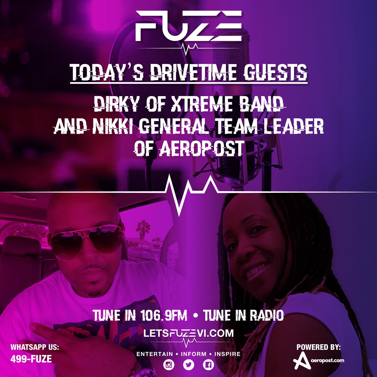 LetsFuzeVI's tweet photo. FUZE DRIVE TIME

Our guests today are Dirky of XTREME BAND launching new music and Nikki of Tortola Express letting us know what we should do to get our packages in time for 65th festival. https://t.co/Zpw6ypVlMu