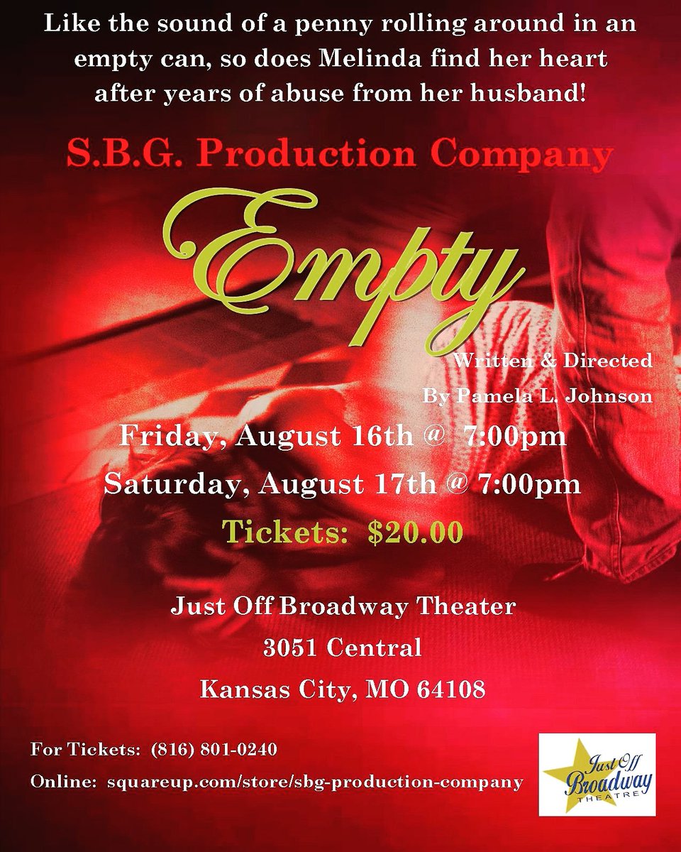 plj1972's tweet image. Tickets on sale now for the stage play "Empty"! Domestic Violence is everyone's fight! You don't want to miss it! Just Off Broadway Theatre Aug 16th and 17th 7pm nightly 
squareup.com/store/sbg-prod…