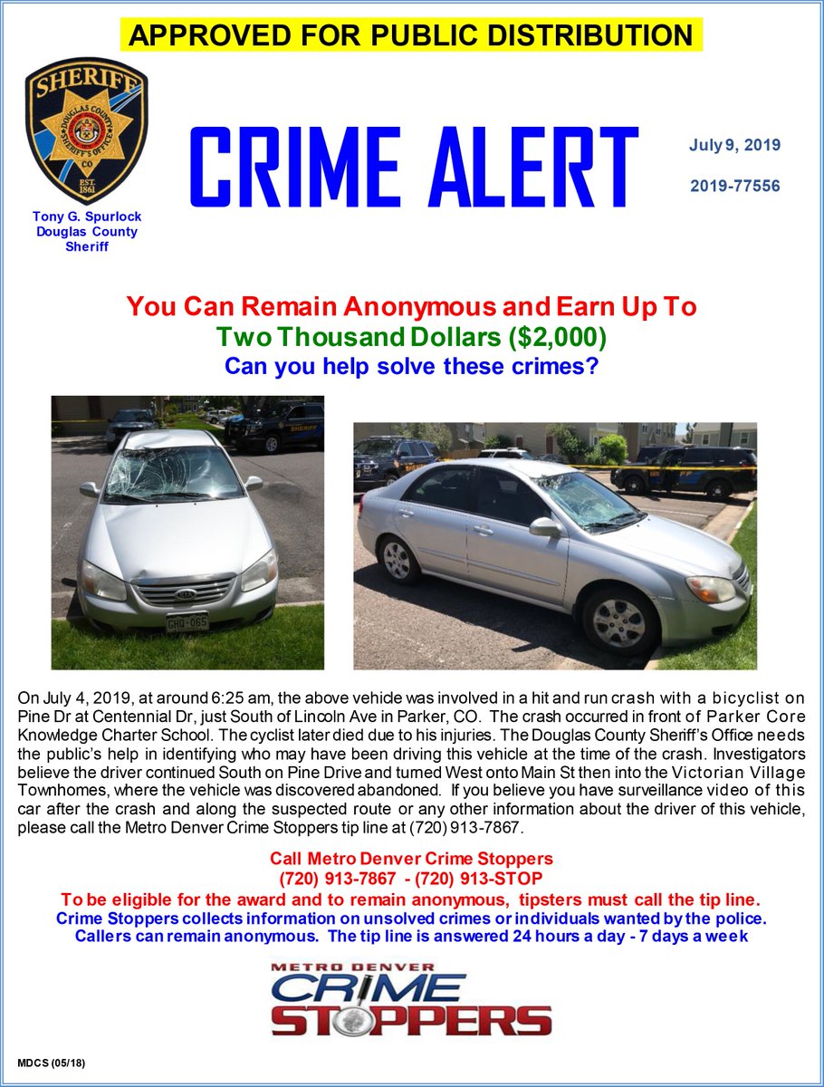 dcsheriff's tweet image. The DCSO is asking for the public's help in finding out who was driving this car on July 4th at about 6:25AM and hit and killed a bicyclist.   Please follow the link for more information.  @CrimeStoppersCO @SheriffSpurlock  dcsheriff.net/sheriffs-offic…