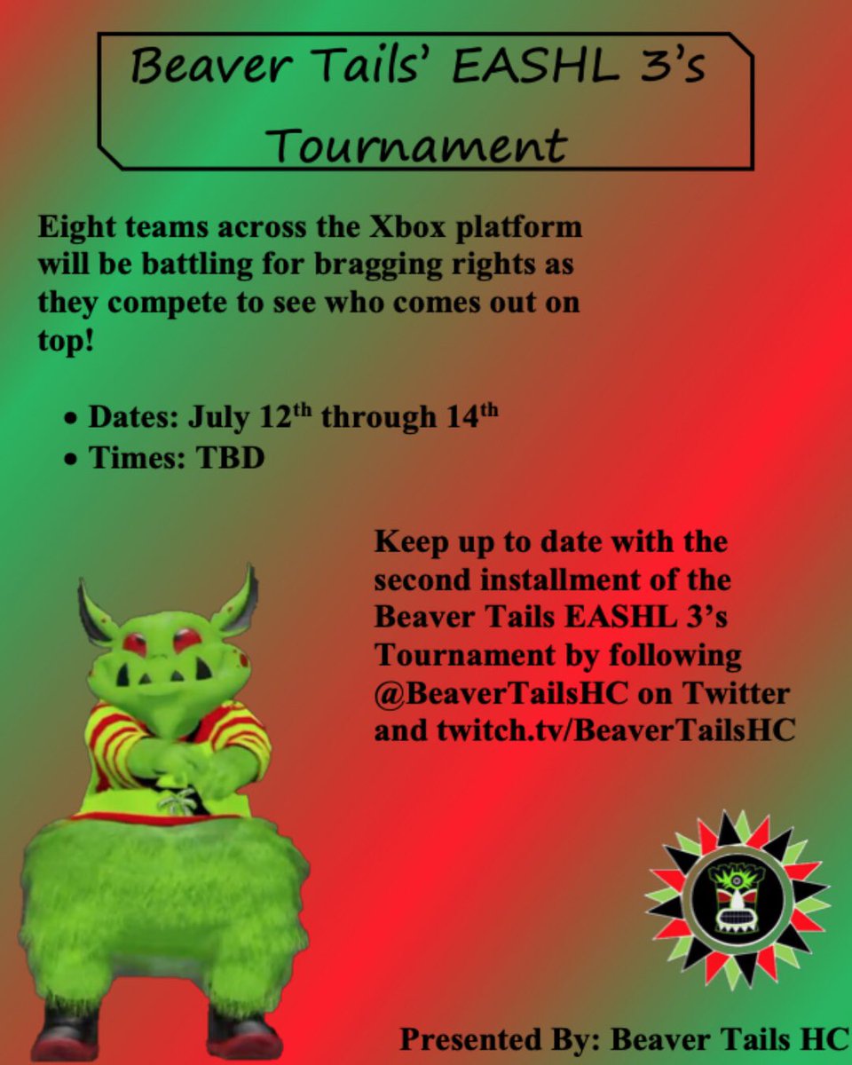 BeaverTailsHC's tweet photo. 📰 NEWS FLASH! The second installment of the Beaver Tails EASHL 3’s Tournament is upon us! Keep an eye on our channel to look for updates with games and the bracket #BeaverTailsHC #LetsGoTails #NHL19 #eashl #twitch #PS4 #xbox #tournament https://t.co/2LRTAu8SVb