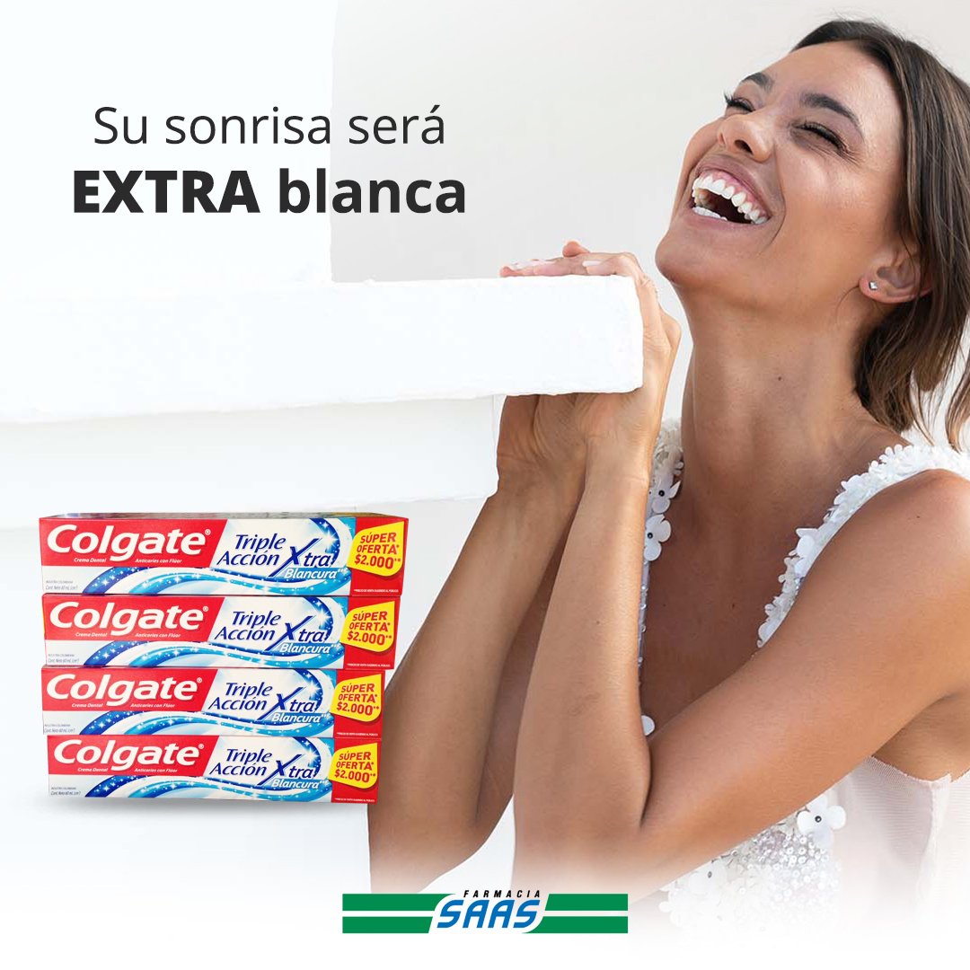Queremos que tenga una sonrisa brillante y saludable. Por ello, tenemos disponible la crema dental Colgate Triple Acción Xtra Blancura. Tiene una fórmula con micro-partículas pulidoras para dientes más blancos, ofrece protección anticaries y dejará su aliento fresco.