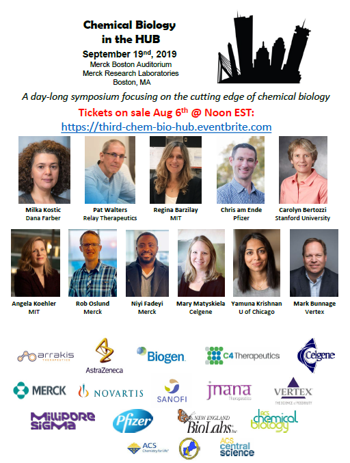 hub_bio's tweet photo. Mark your calendars for the 3rd ChemBio in the Hub - Thurs Sept 19th 2019 
@ Merck Boston

Tickets go on sale Aug 6th @ noon
https://t.co/2qWMbmlYdz 

@CarolynBertozzi @MilkaKostic  @LabKohler @KrishnanYamuna @ChemGenetics @mpaolacastaldi1 @jbaryza @NESACS https://t.co/PoVyiynFQ2
