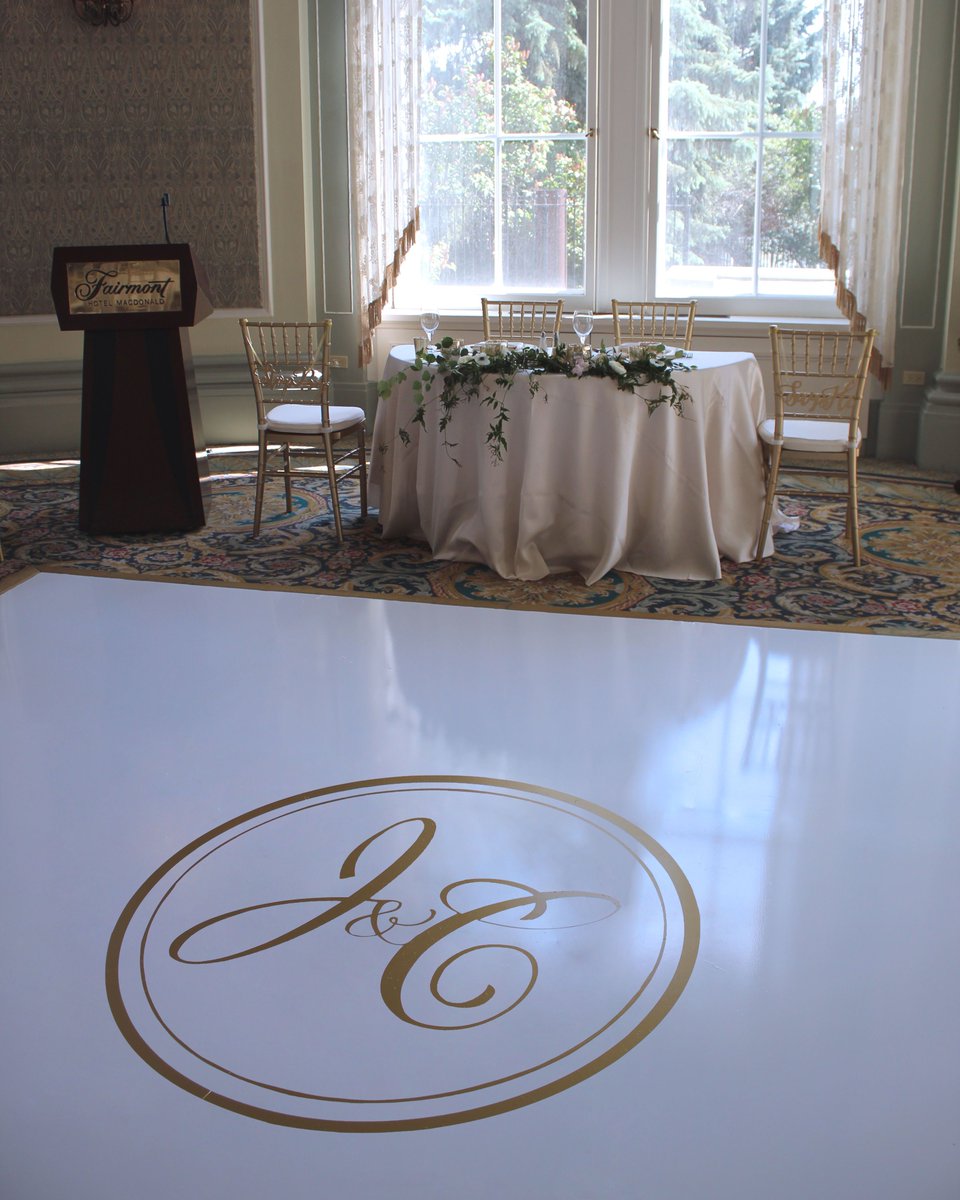 Seems like it was the only sunny day we had in June! Loving the views of the #wedgewoodroom at the @fairmontmac during the day! A flawless #dancefloorwrap with a matte gold monogram for the bride and groom, perfect for dancing the night away! #fairmont #wedding #bride #groom