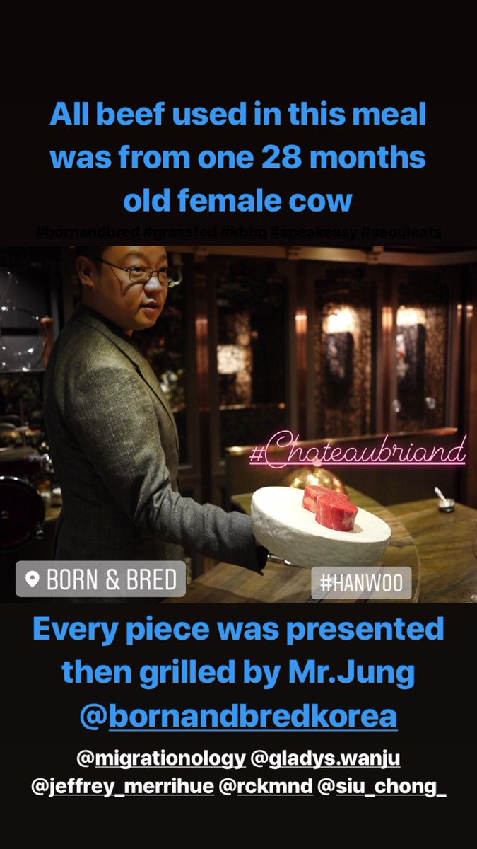FineDiningExp's tweet image. The most exclusive beef meal ever - Born and Bred #Seoul 🇰🇷 Pics from my Instagram story.  Cuts from the same 28-month female #Hanwoo 🐮 Chateaubriand sirloin ribeye tenderloin blade short rib and inside skirt sashimi. Full video  @migrationology 👉🏼 bit.ly/2XccJ9d