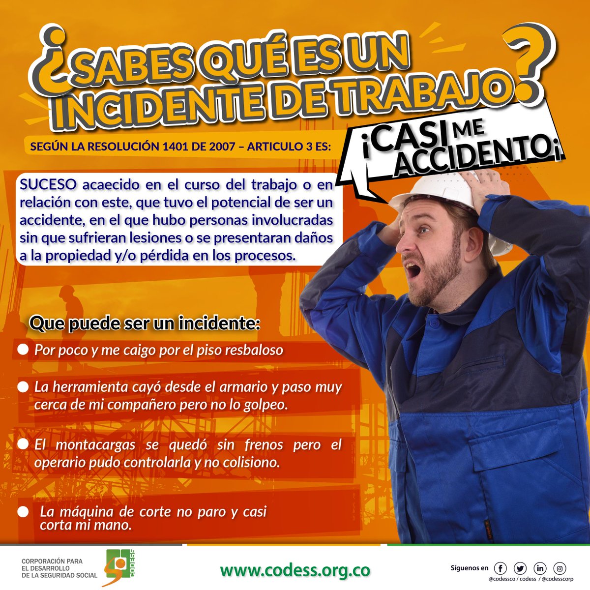 codessco's tweet image. Esta semana te contamos que es un incidente de trabajo según la resolución 1401 del 2007 Articulo 3, te mantenemos al día con la información de #seguridadsocial  con nuestros #Tipsinformativoscodess