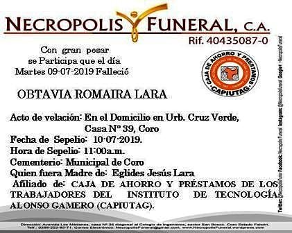 FUNLAINMACULADA's tweet photo. Ha fallecido OBTAVIA LARA madre de  EGLIDES LARA afiliada de capiutag https://t.co/bZm6RECvqg