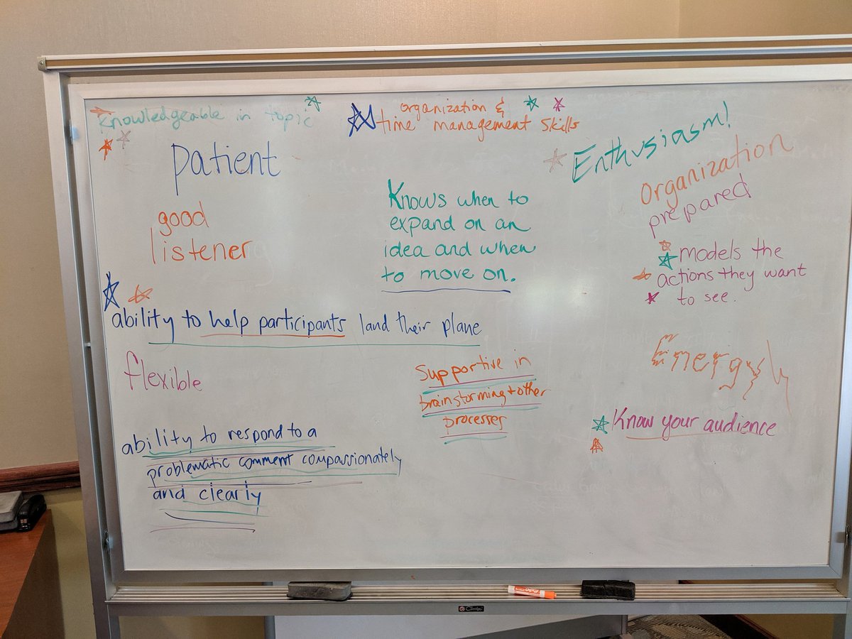 ginasvarovsky's tweet photo. "Chalk" talk reflections about essential characteristics for PD facilitators from C3 #TrusteySTF. Such great ideas from these #STEMTeacherLeaders #PDonPD #meta #BAMonarchs @STEMatND https://t.co/dowR8kt8j9