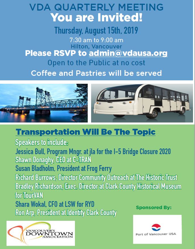 Vanc Dwntwn Assoc (@vdausa) on Twitter photo VDA Quarterly Meeting. You are invited. The topic is transportation. Please RSVP to admin@vdausa.org today! See the flyer for details! VDA Quarterly Meeting. You are invited. The topic is transportation. Please RSVP to admin@vdausa.org today! See the flyer for details!