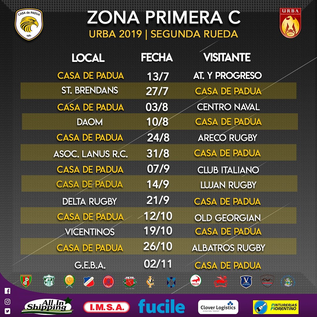 PaduaRugby's tweet photo. #Rugby | #fixture2019 🏉
Compartimos el #fixture de la segunda parte del campeonato de #urbaprimerac .
.
🖤💛💜
.
.
#vamospadua
#rugbycasadepadua
#urba #urbaok
#primerac https://t.co/NPKAfyQSvU