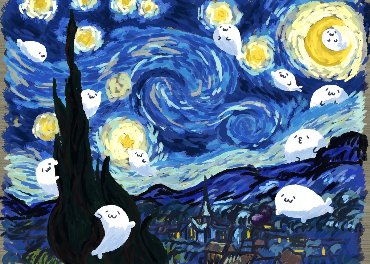 名画パロディシリーズ ゴッホ「星月夜」 #あざらしさん