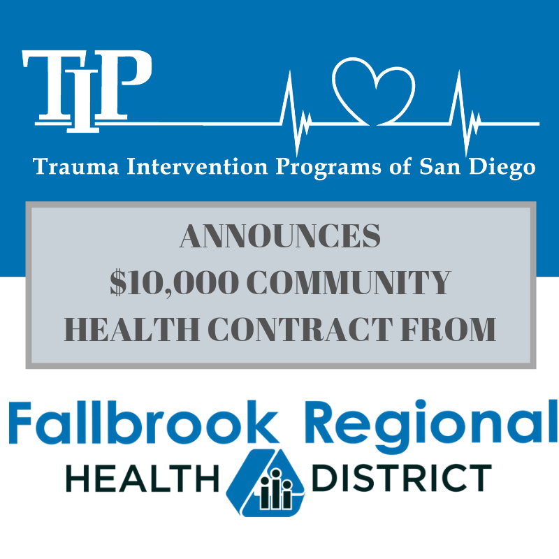 With much gratitude, we thank the Fallbrook Regional Health District for granting TIP San Diego a $10,000 Community Health Contract! This will help us continue our mission within the Fallbrook area!